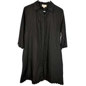 P cill Lagenlook Cotton Shirt Dress Medium Dark Academia Black Scalloped Pockets
